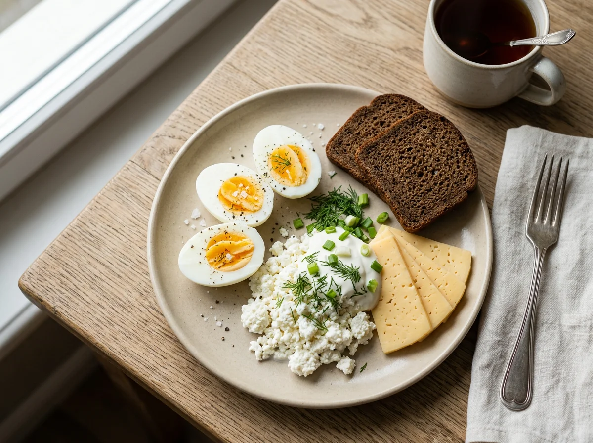 Завтрак с яйцами, творогом и сыром photo