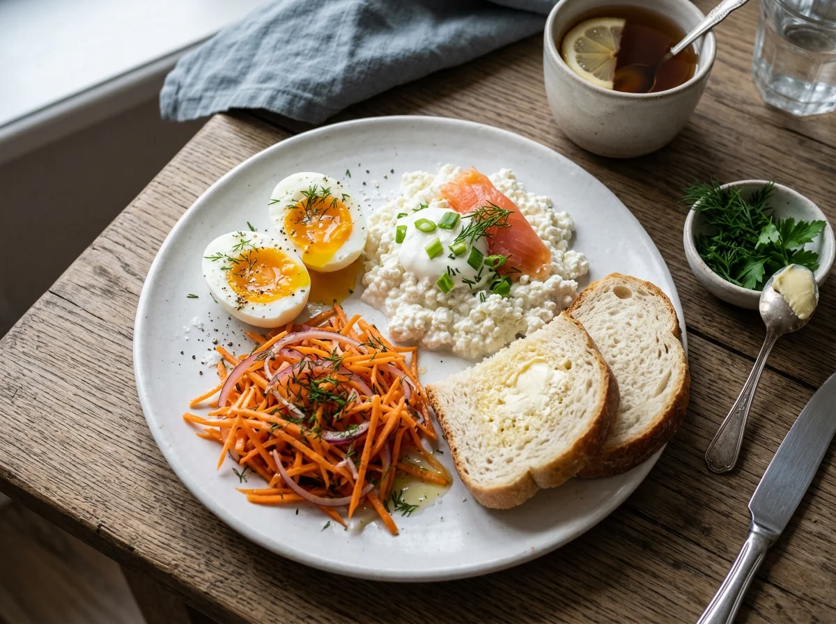Завтрак с яйцами, творогом, морковью и хлебом photo