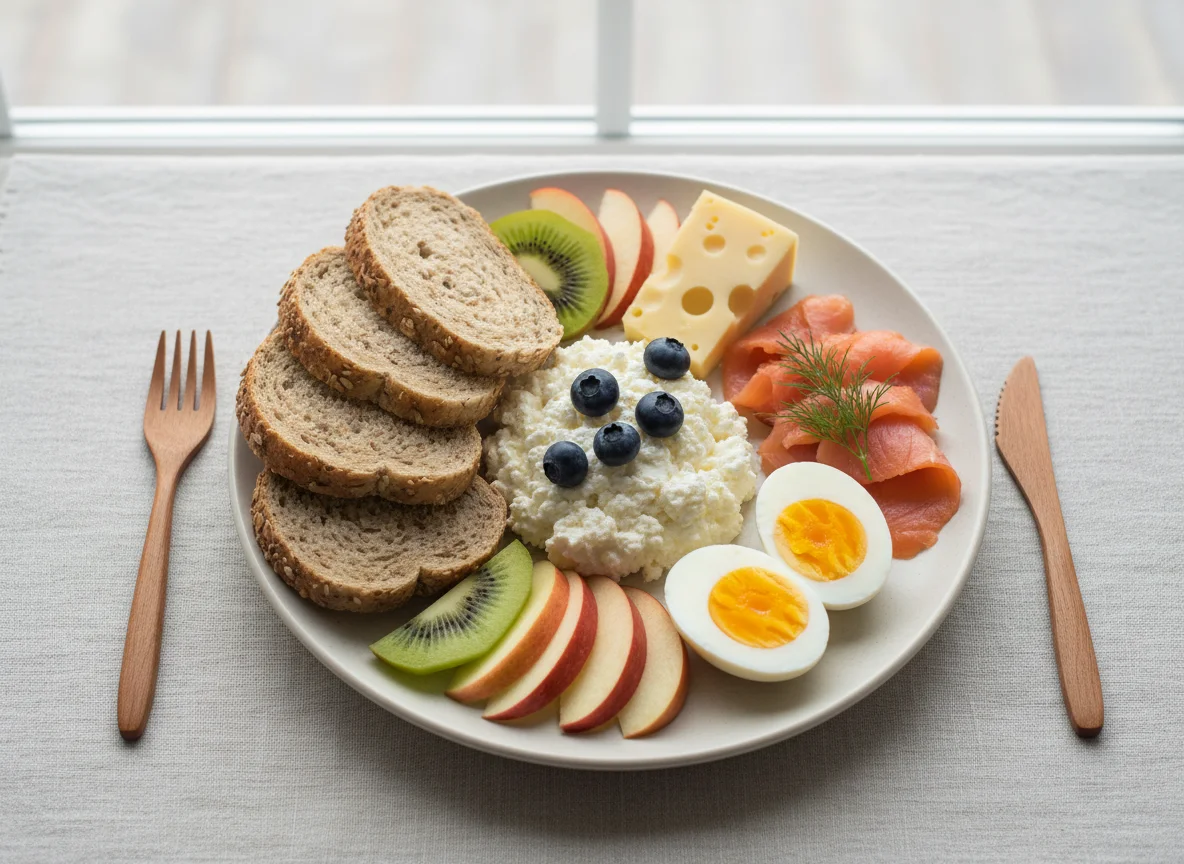 Завтрак с яйцами, творогом, рыбой и фруктами photo