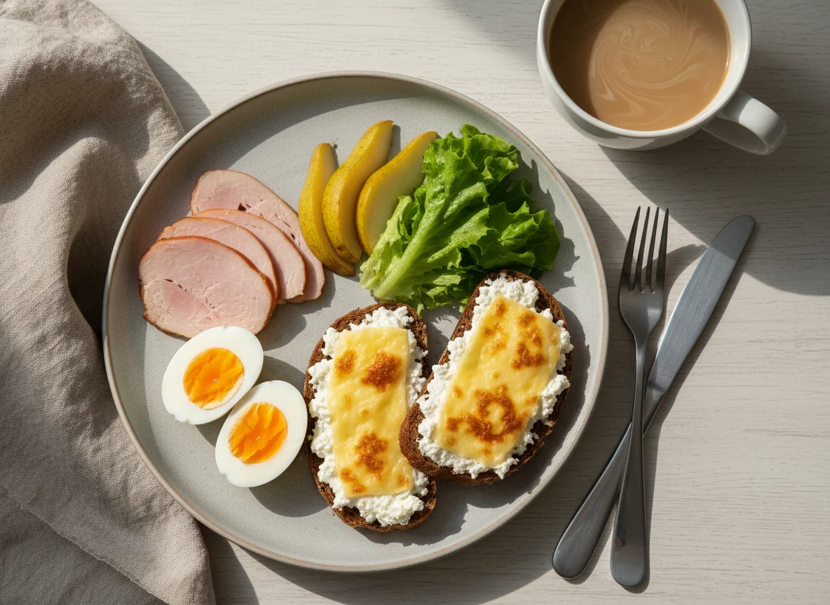 Завтрак с яйцами, ветчиной и тостами photo
