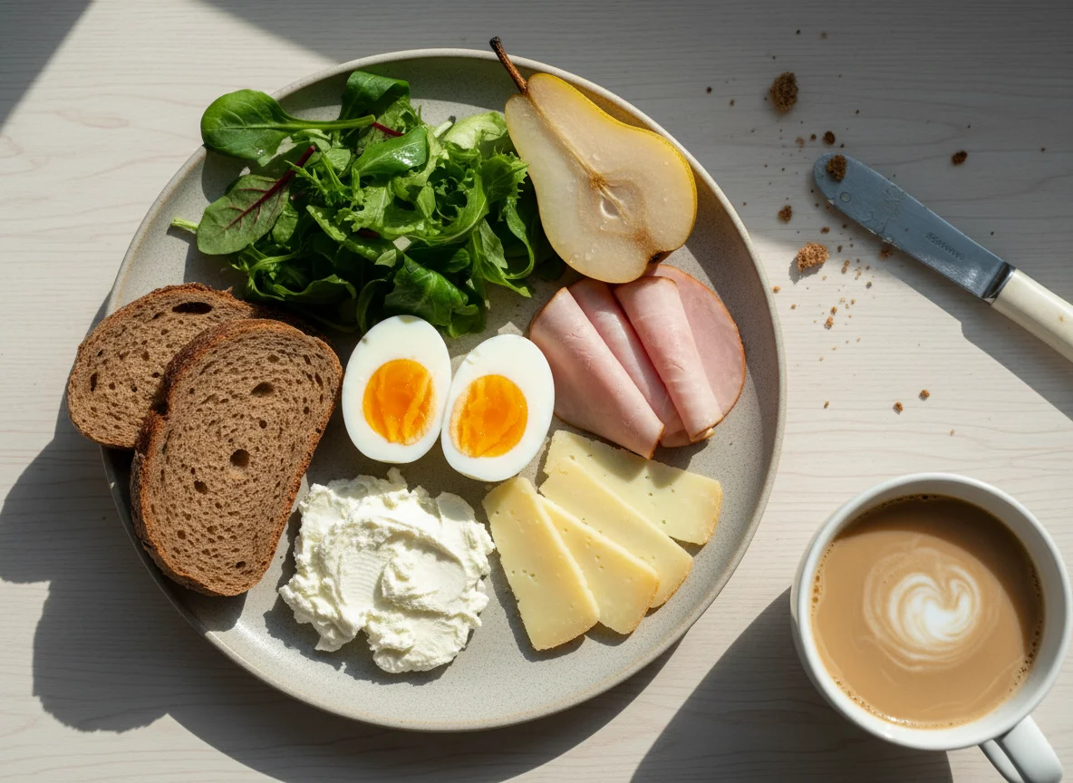 Завтрак с яйцами, ветчиной, сыром и фруктами photo