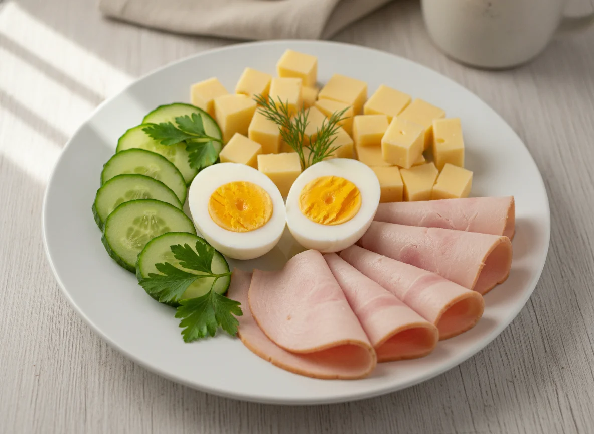 Завтрак с яйцами, ветчиной, сыром и огурцом photo