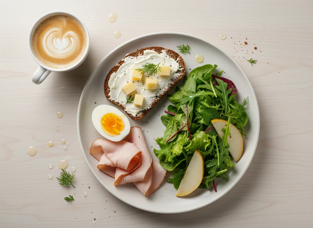 Завтрак с яйцами, ветчиной, сыром и овощами photo