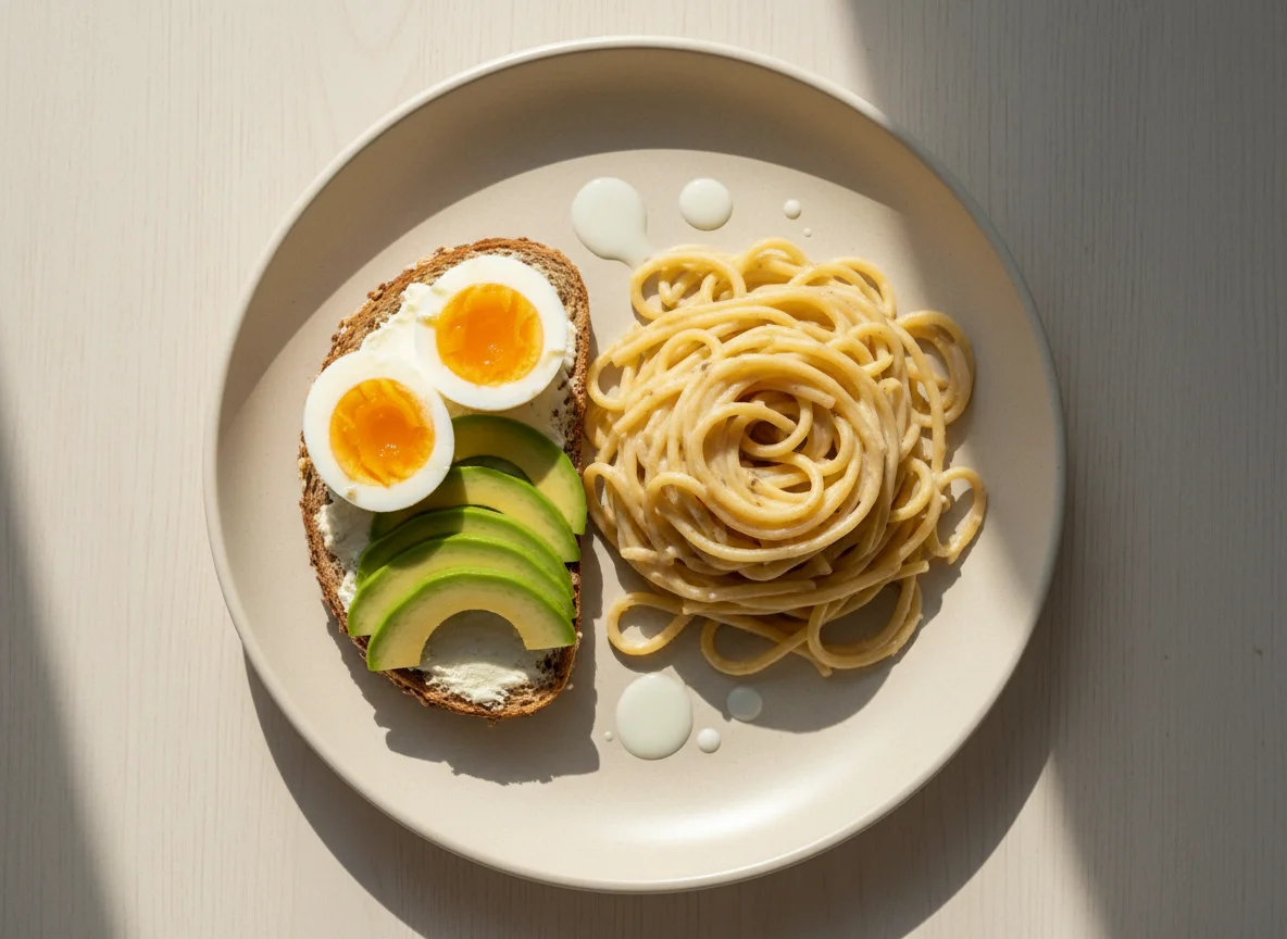 Завтрак с яйцом, авокадо и пастой photo