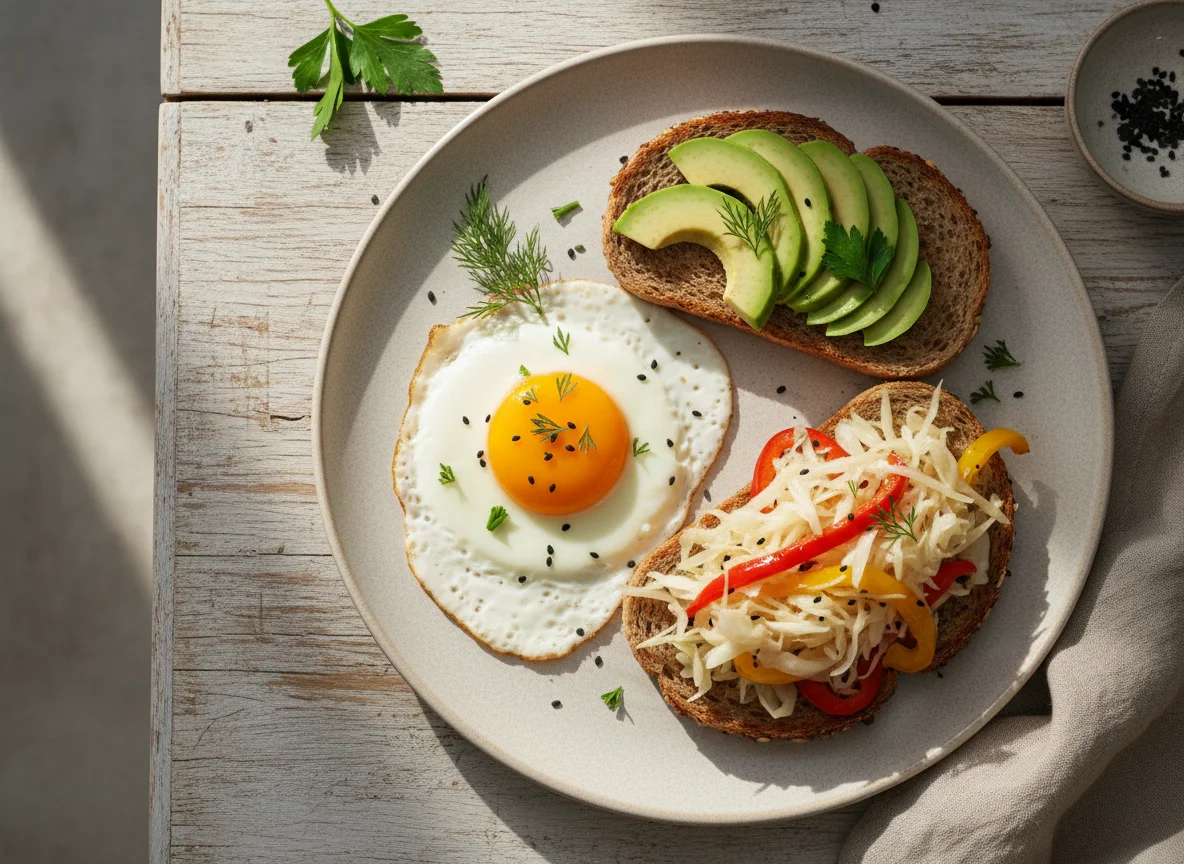 Завтрак с яйцом, авокадо и тостами photo