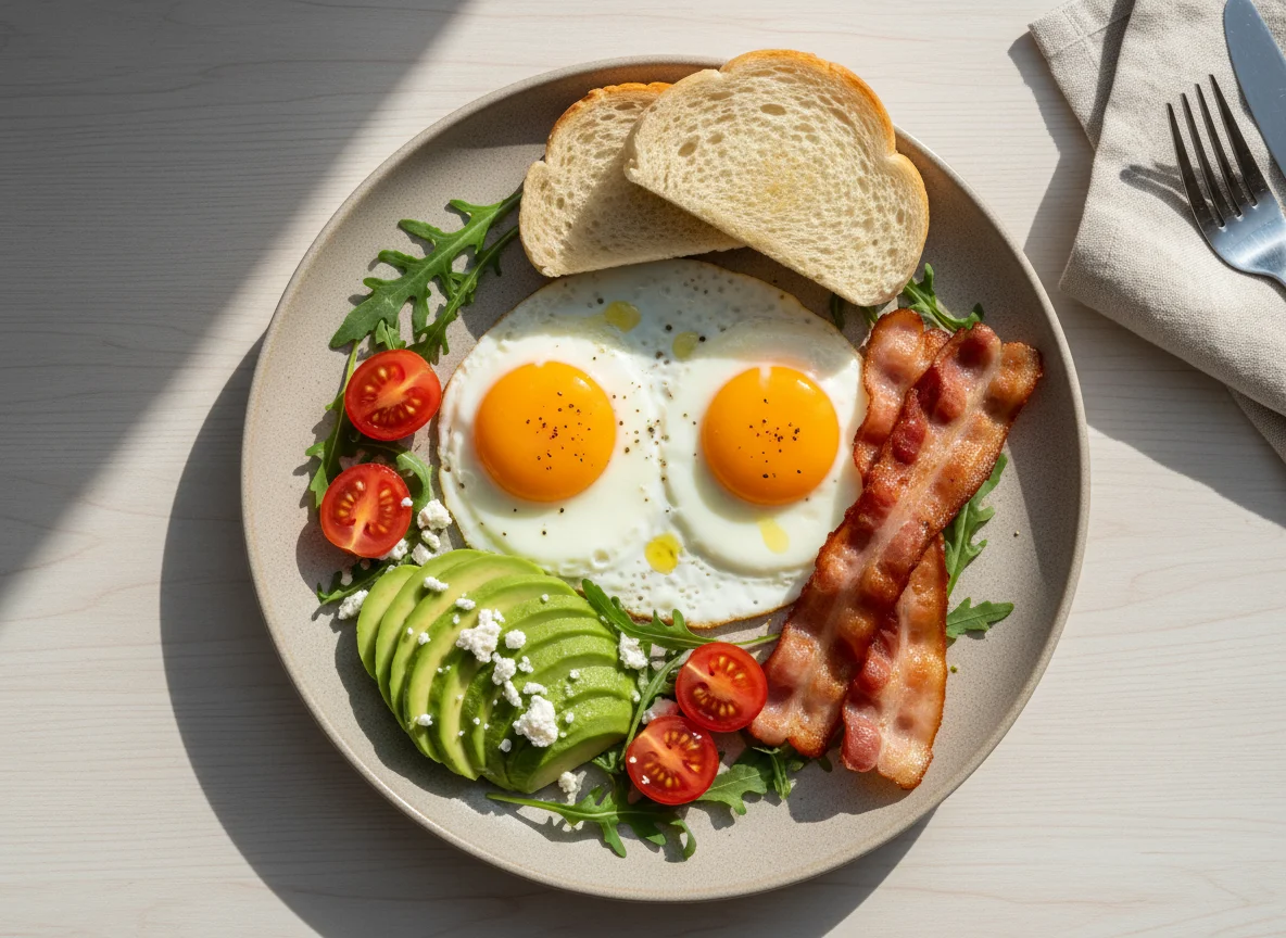 Завтрак с яйцом, беконом и авокадо photo