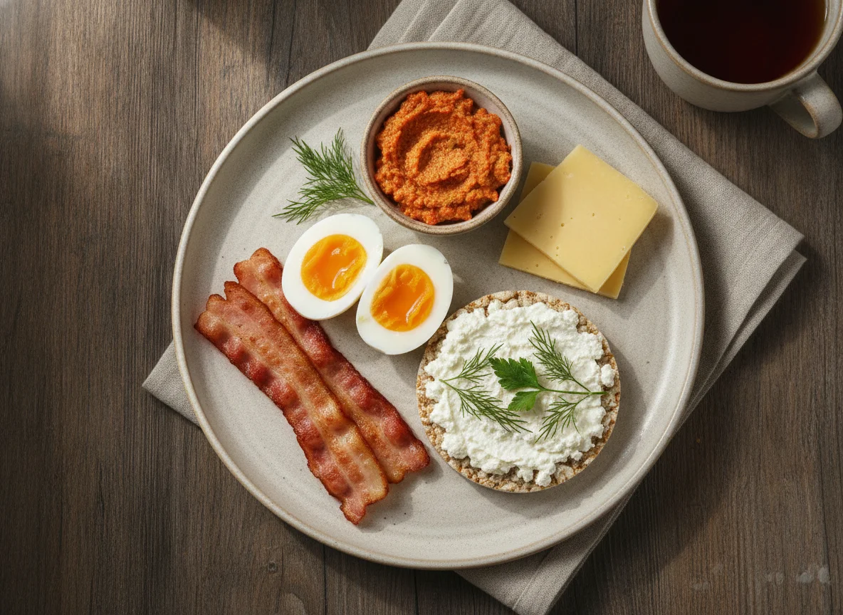 Завтрак с яйцом, беконом, сыром и кабачковой икрой photo