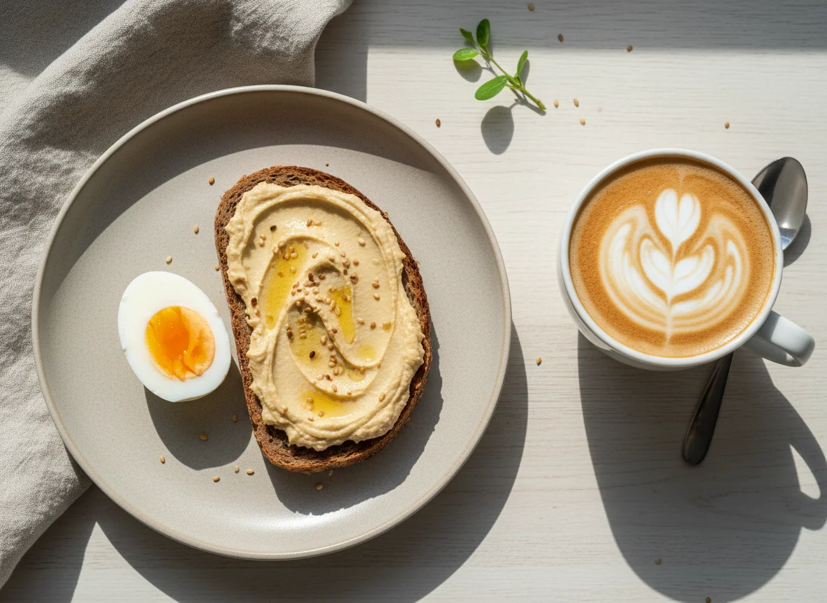 Завтрак с яйцом, бутербродом и кофе photo