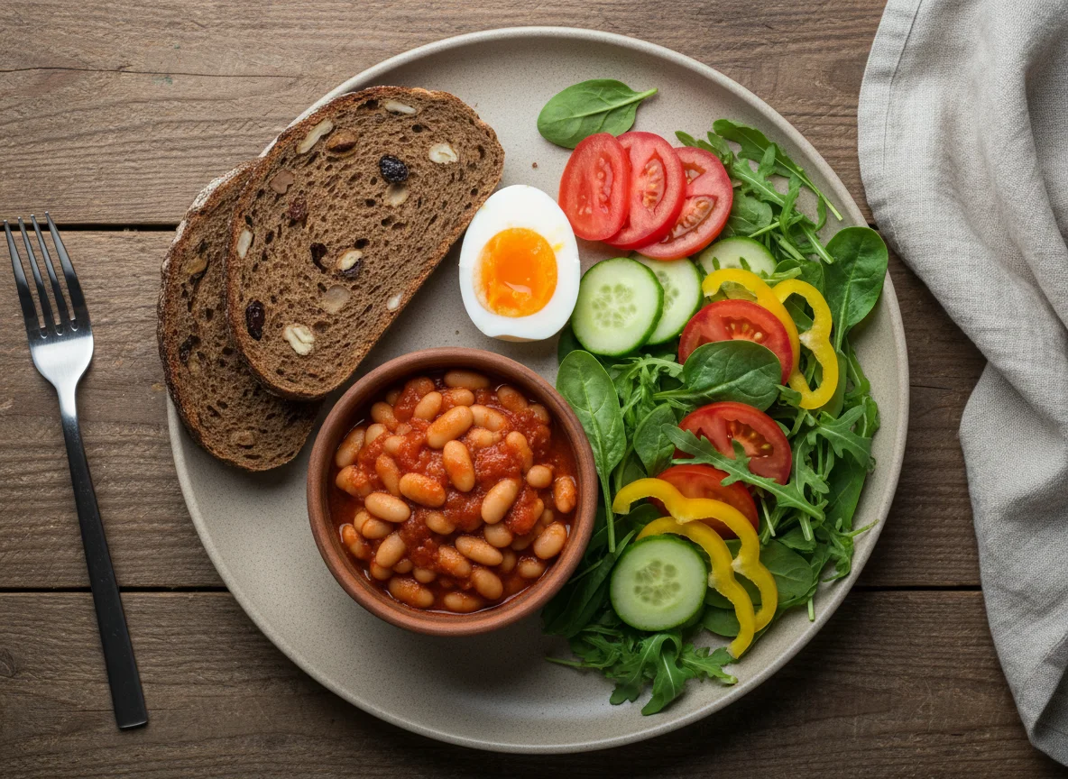 Завтрак с яйцом, фасолью и салатом photo