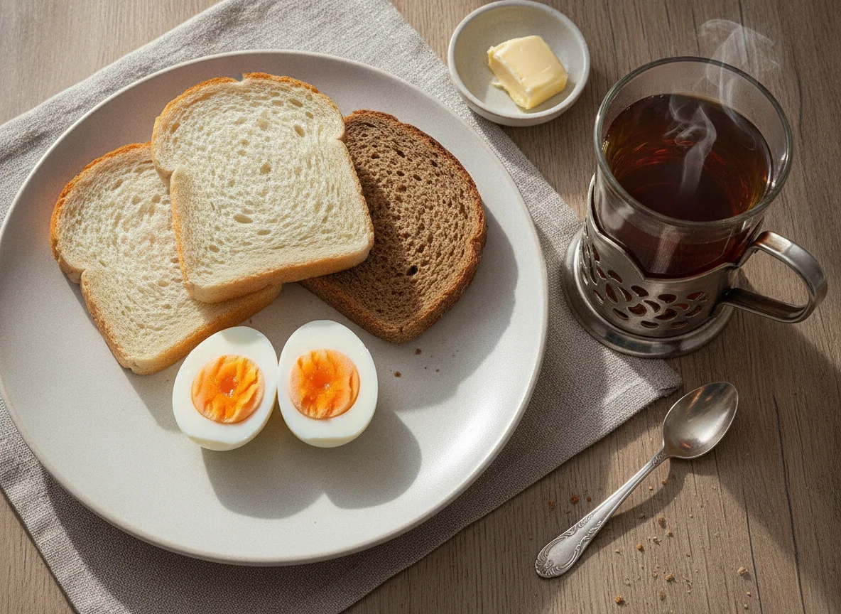 Завтрак с яйцом, хлебом и чаем photo