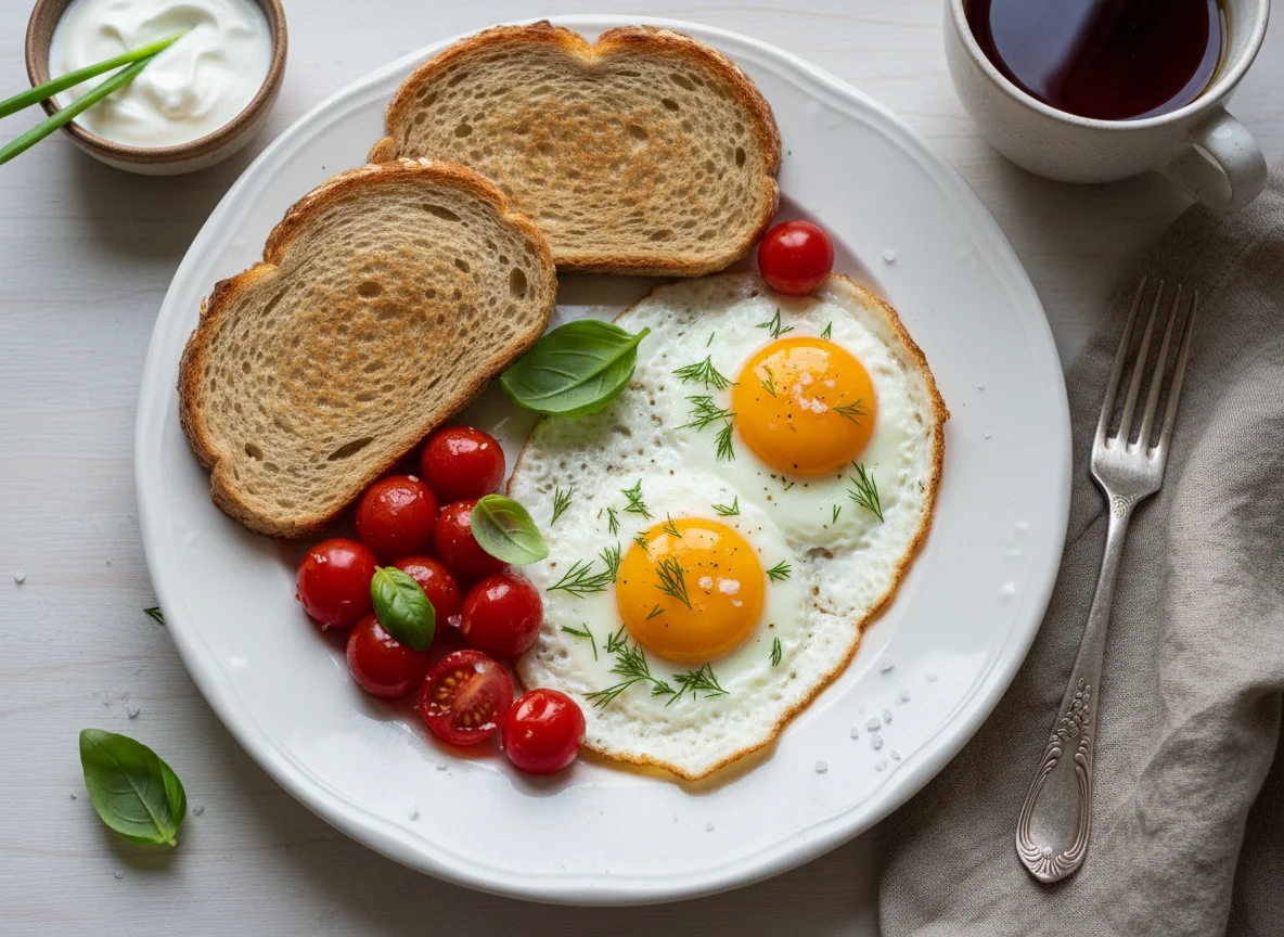 Завтрак с яйцом, хлебом и помидорами photo
