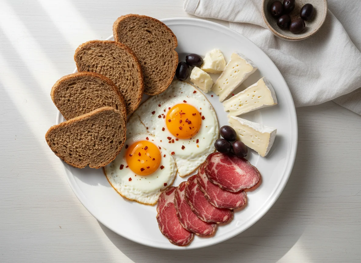 Завтрак с яйцом, хлебом, сыром, оливками и вяленым мясом photo