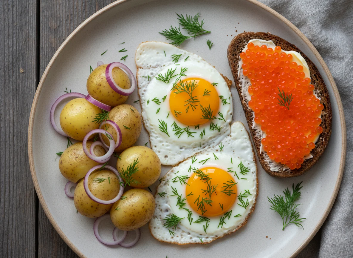 Завтрак с яйцом, картофелем и бутербродом с икрой photo