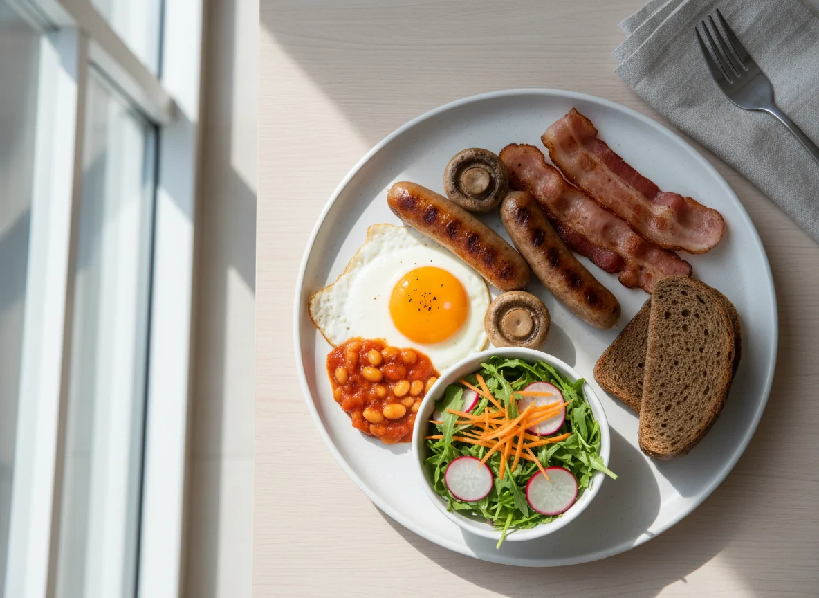 Завтрак с яйцом, колбасками и салатом photo