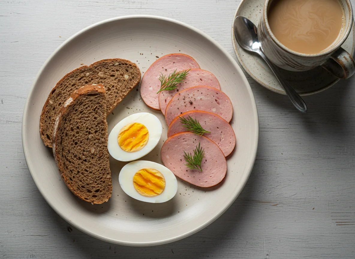 Завтрак с яйцом, колбасой и кофе photo