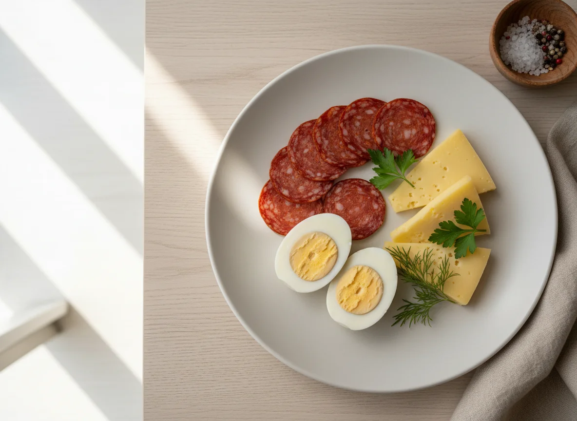 Завтрак с яйцом, колбасой и сыром photo