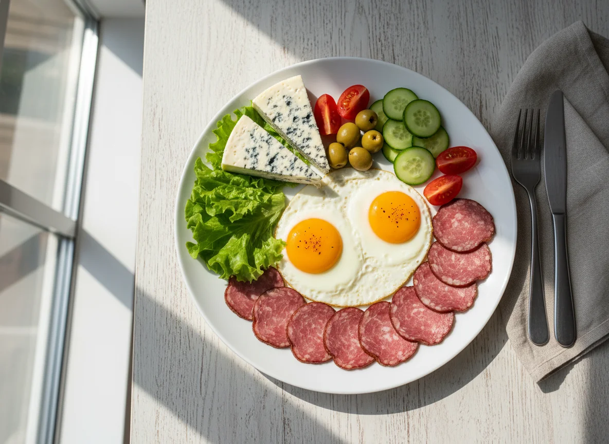 Завтрак с яйцом, мясом, сыром и овощами photo