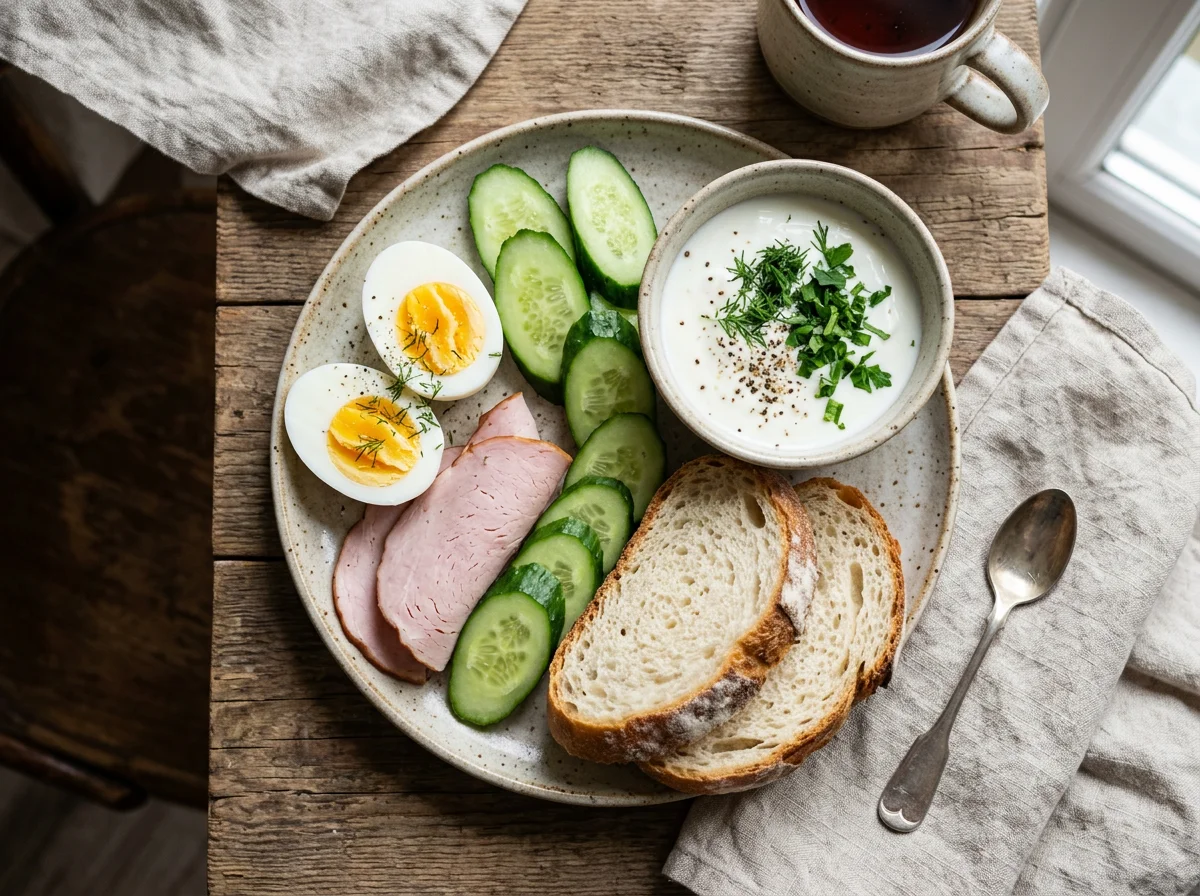 Завтрак с яйцом, огурцами, ветчиной и йогуртом photo