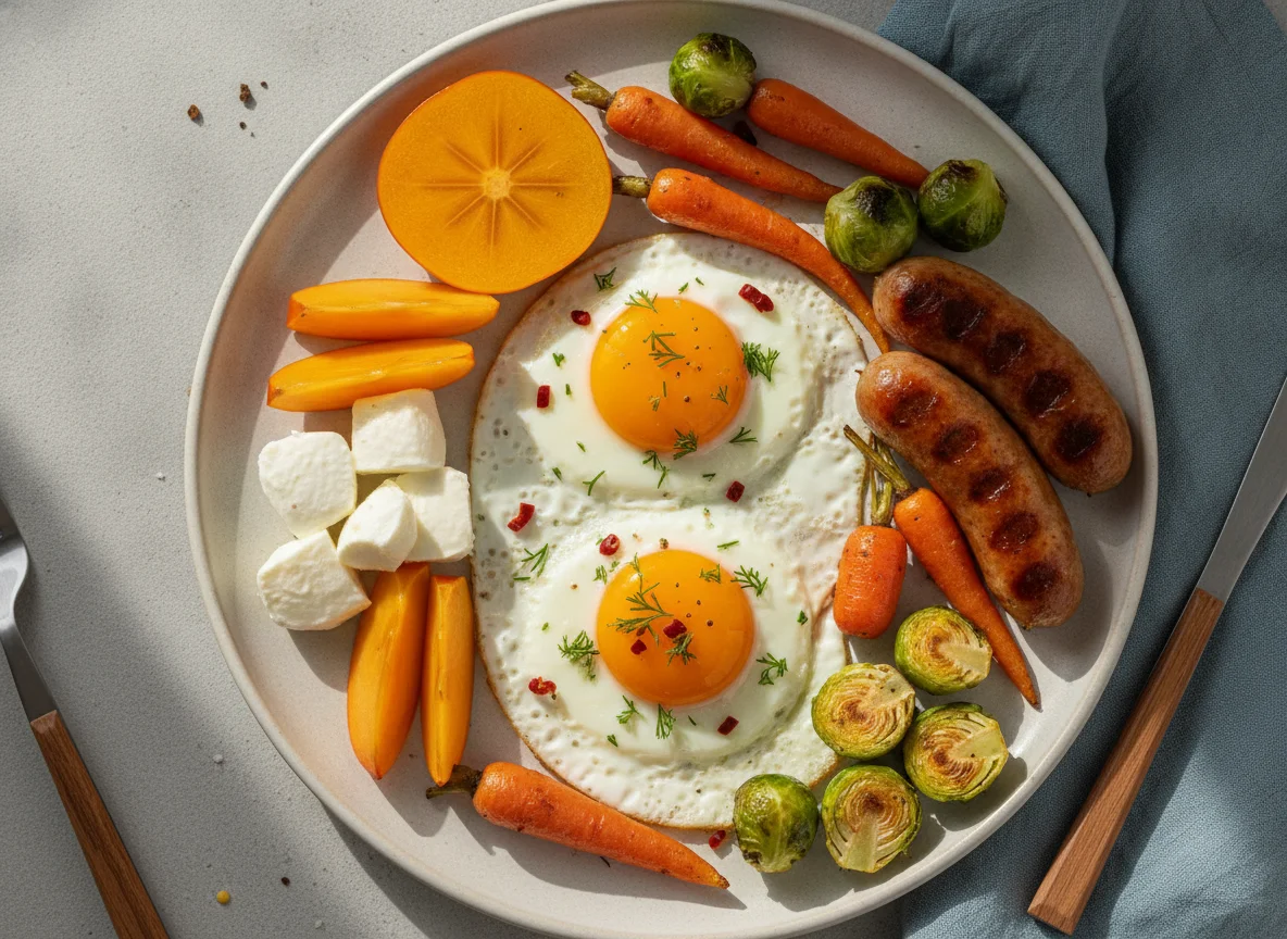 Завтрак с яйцом, овощами и фруктами photo