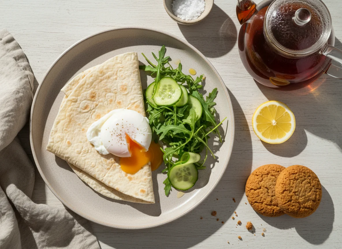 Завтрак с яйцом пашот, лавашом и салатом photo