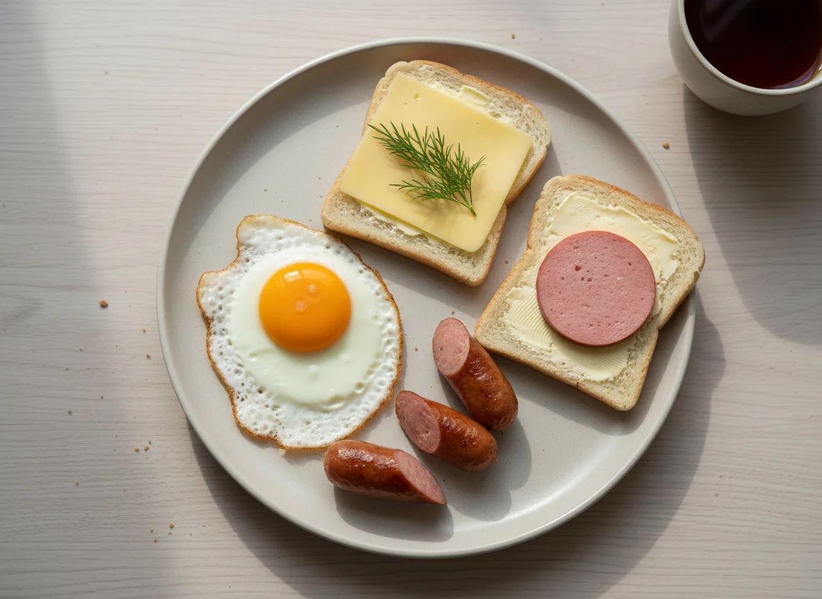Завтрак с яйцом, сосиской и бутербродом photo