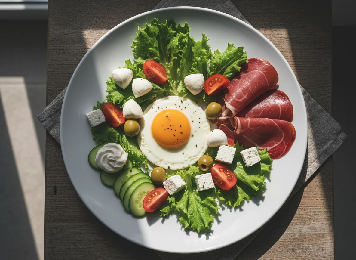 Завтрак с яйцом, сыром и мясными деликатесами photo