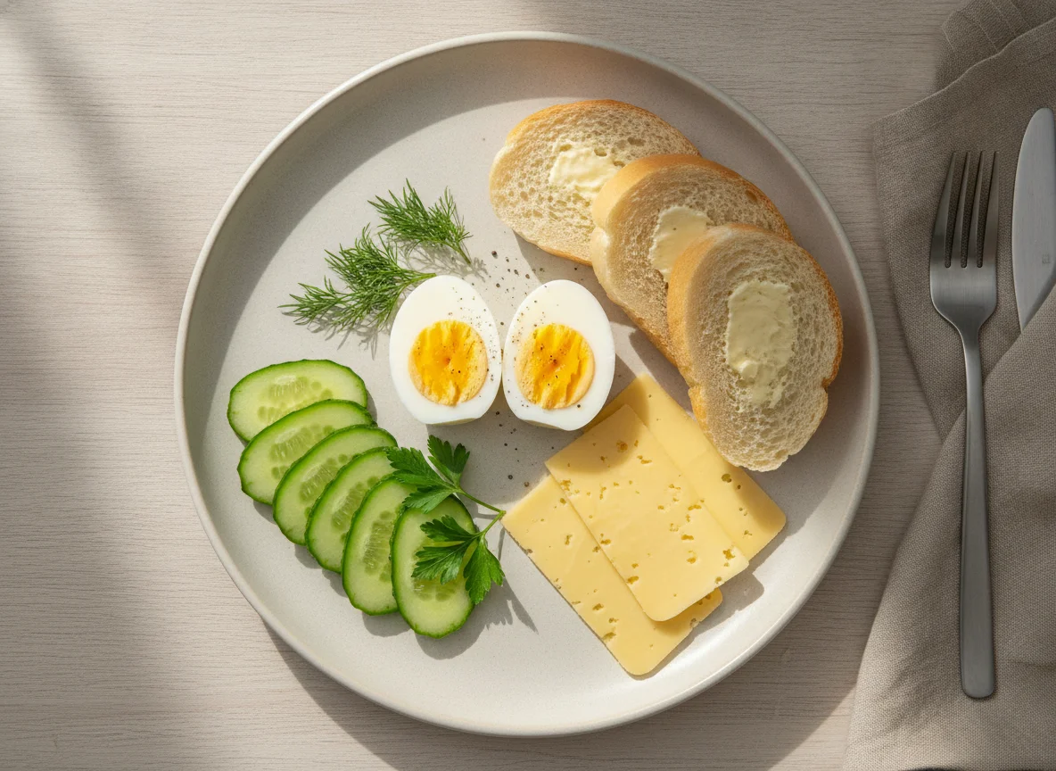 Завтрак с яйцом, сыром и огурцом photo
