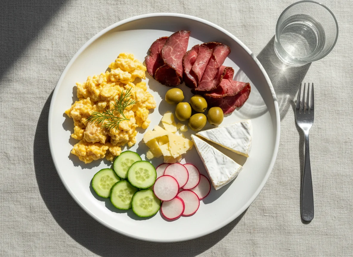 Завтрак с яйцом, сыром и овощами photo