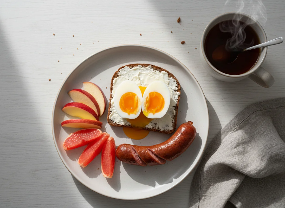 Завтрак с яйцом, тостом, фруктами и сосиской photo
