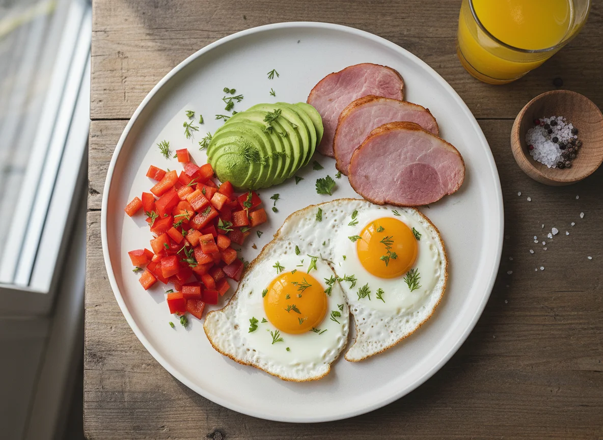 Завтрак с яйцом, ветчиной и овощами photo