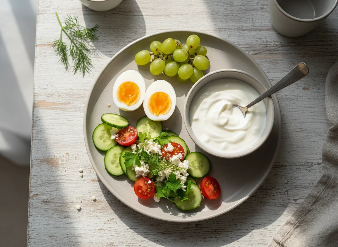Завтрак с яйцом, виноградом, овощным салатом и йогуртом photo