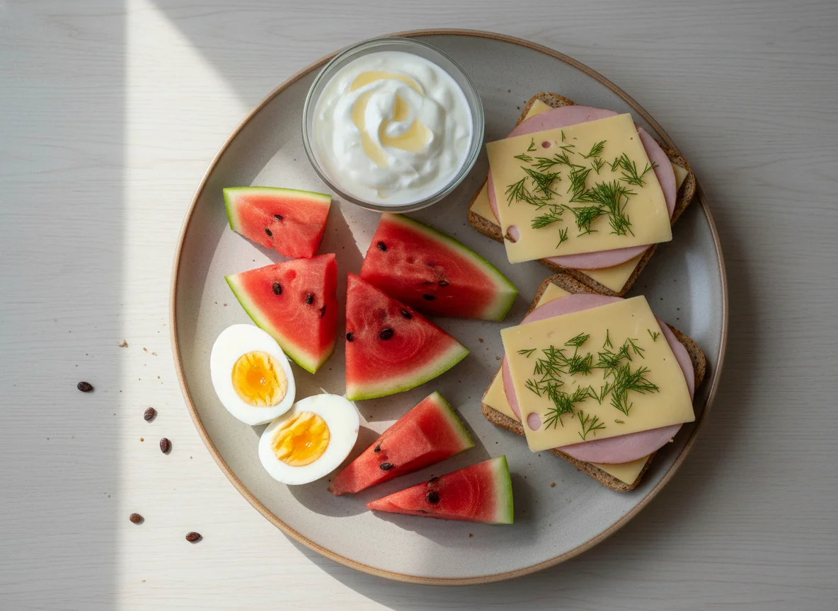 Завтрак с арбузом, яйцами, бутербродами и йогуртом photo