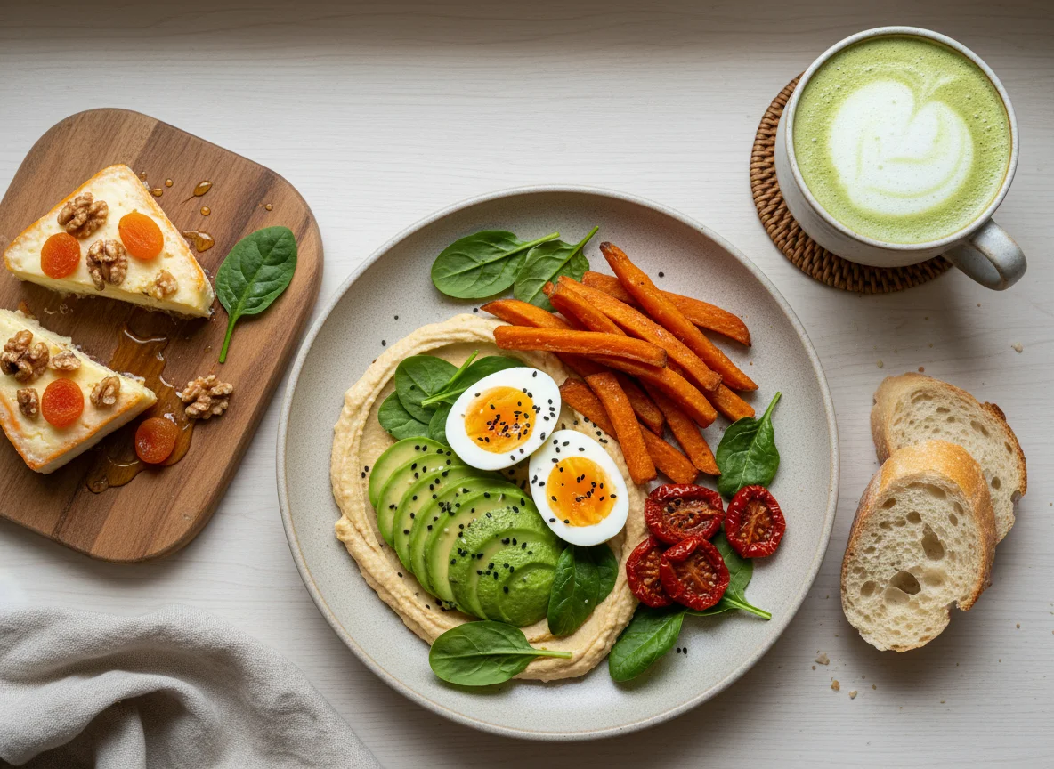 Завтрак с авокадо, яйцами и бататом photo