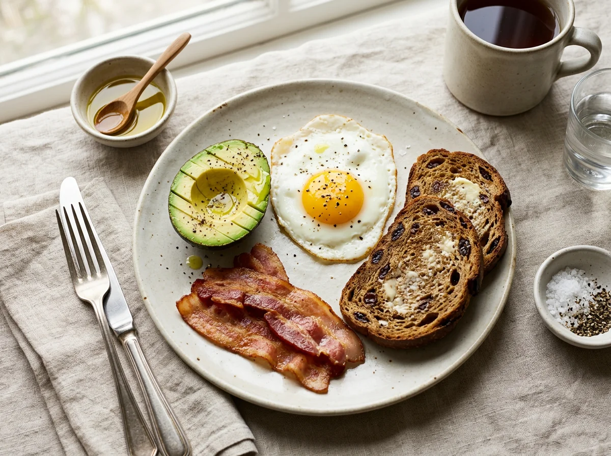 Завтрак с авокадо, беконом, яйцом и хлебом photo