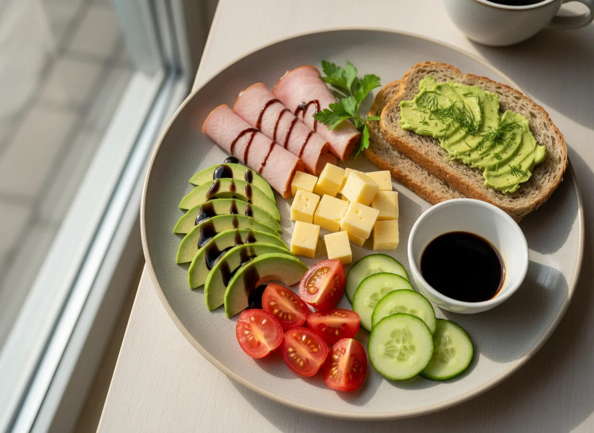 Завтрак с авокадо, ветчиной и сыром photo