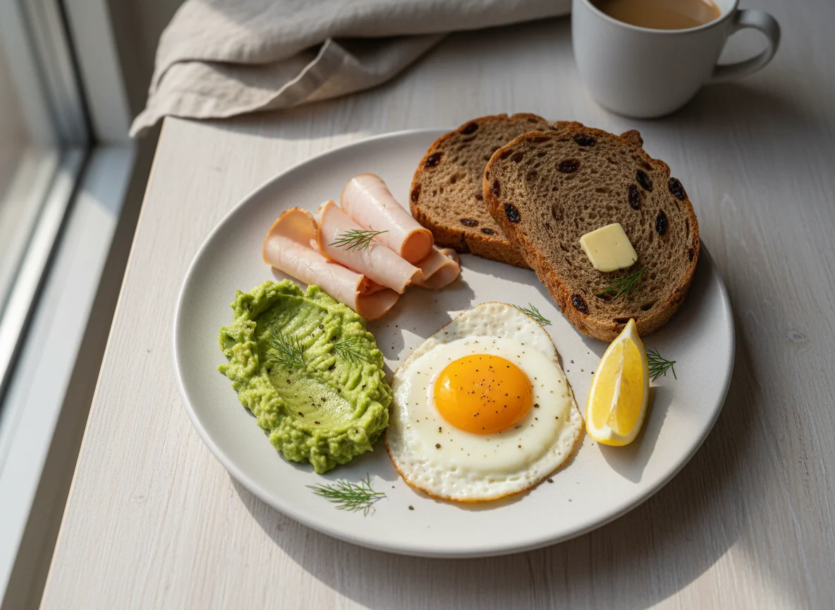 Завтрак с авокадо, ветчиной индейки, яйцом и хлебом photo