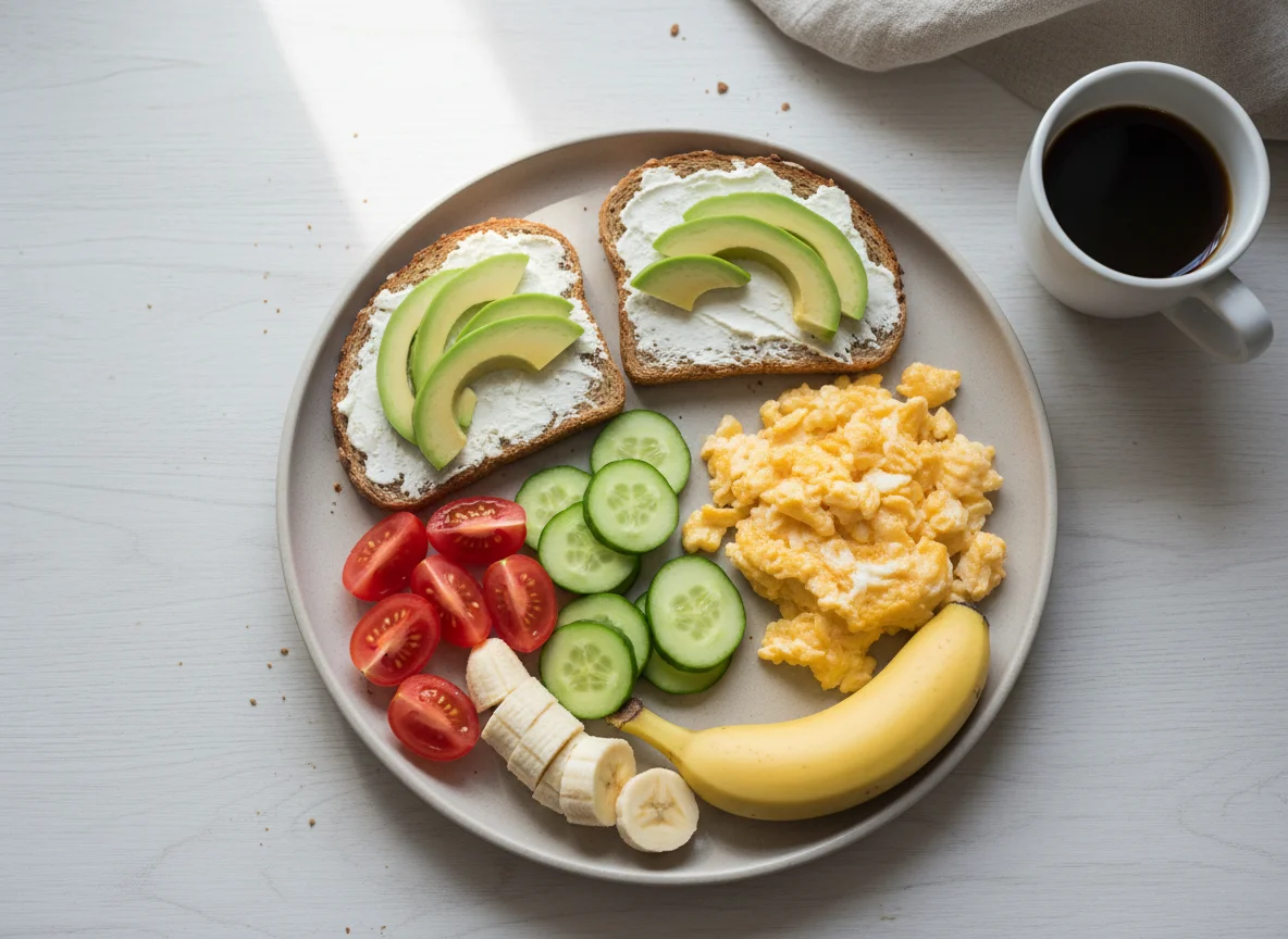 Завтрак с авокадо-тостами, яичницей и овощами photo