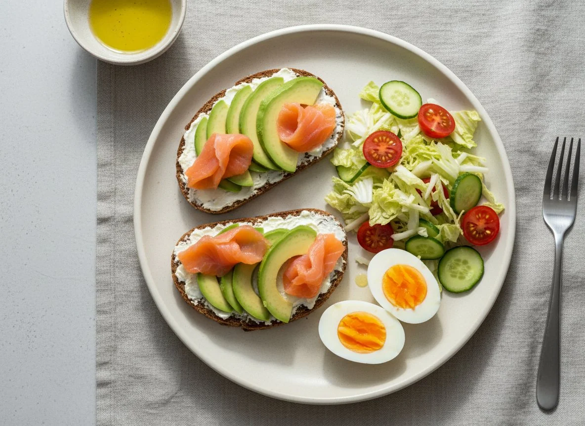 Завтрак с авокадо-тостами, яйцами и салатом photo