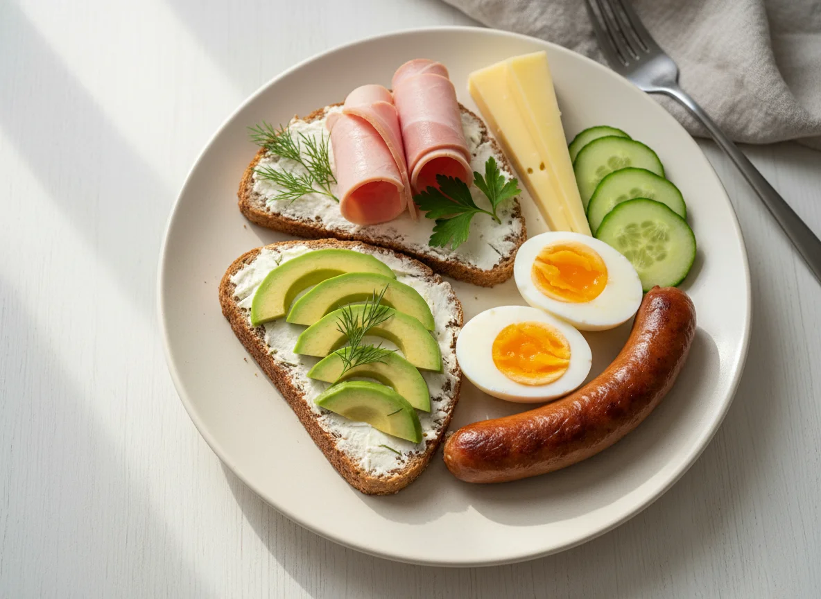 Завтрак с авокадо-тостом, яйцами и колбасками photo