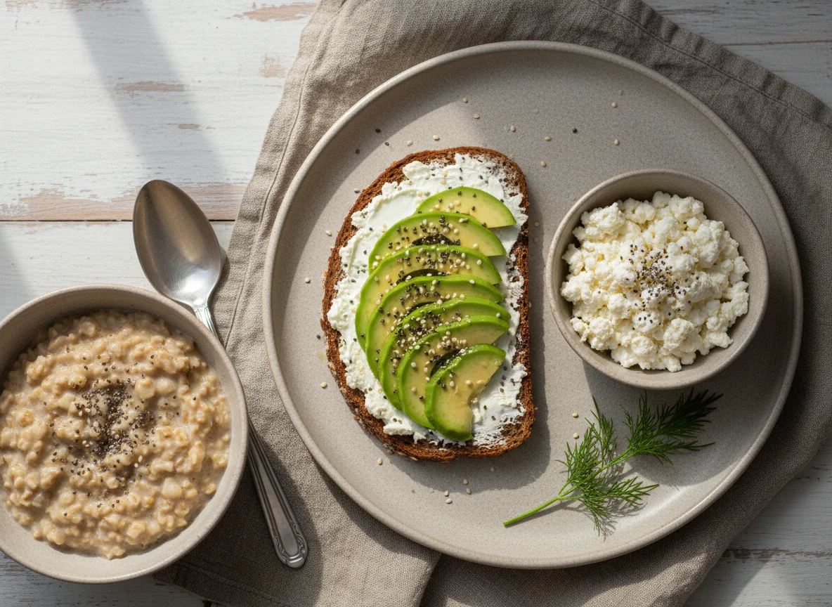 Завтрак с авокадо-тостом, творогом и овсянкой photo