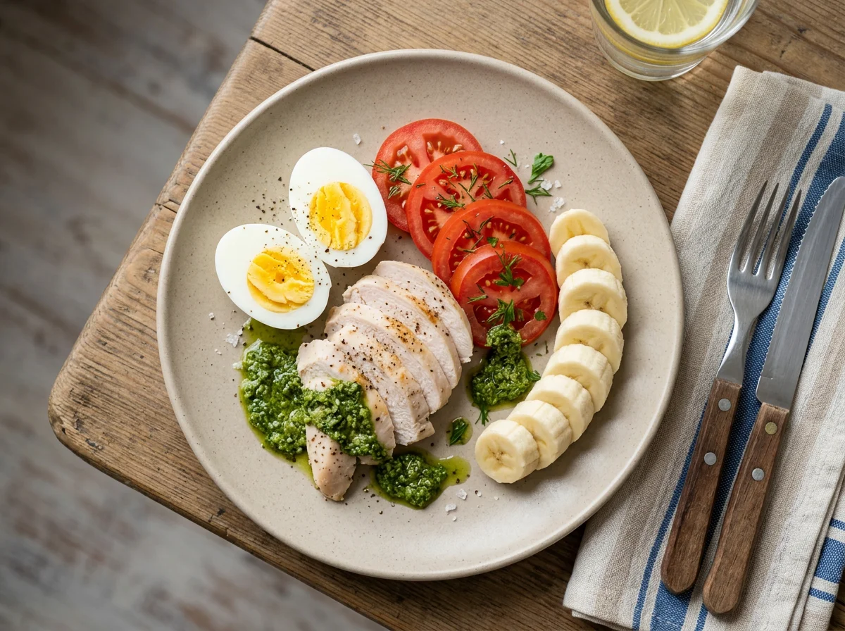 Завтрак с бананом, яйцами, помидором и курицей photo