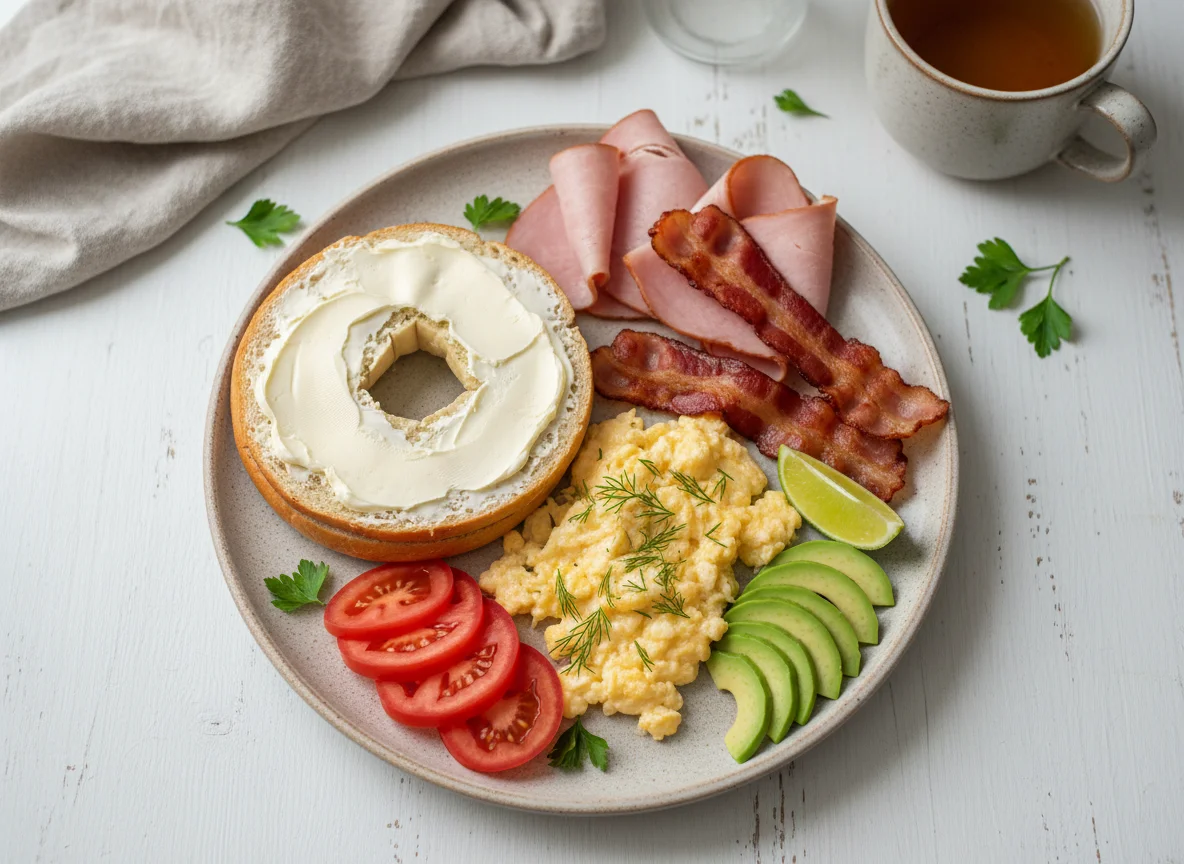 Завтрак с бейглом, яичницей и беконом photo