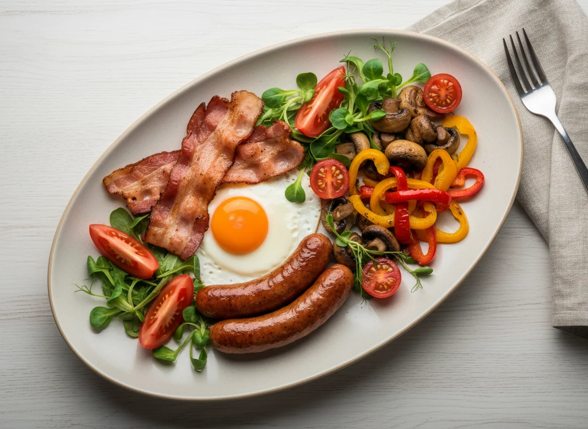 Завтрак с беконом, сосисками и овощами photo