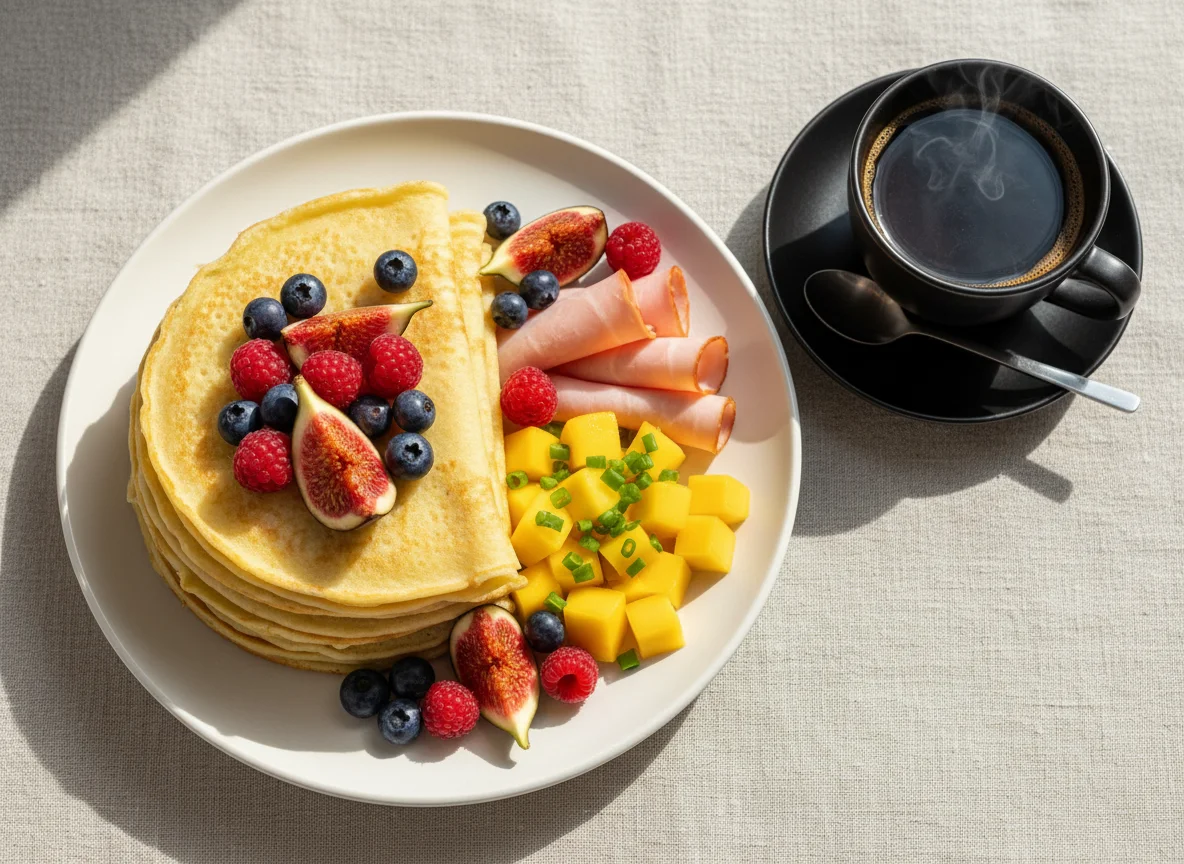 Завтрак с блинами, ягодами и кофе photo