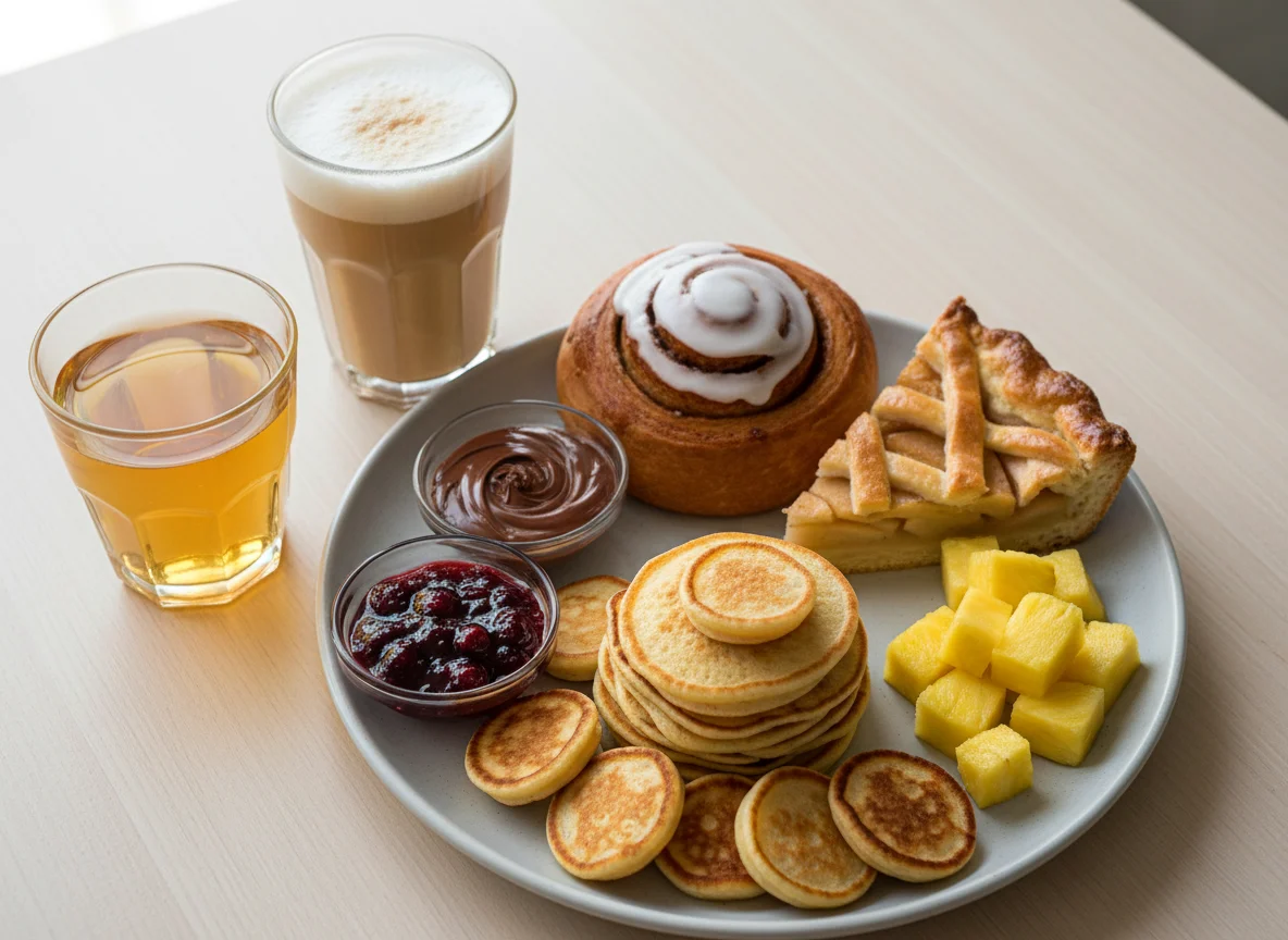 Завтрак с блинами, фруктами и выпечкой photo