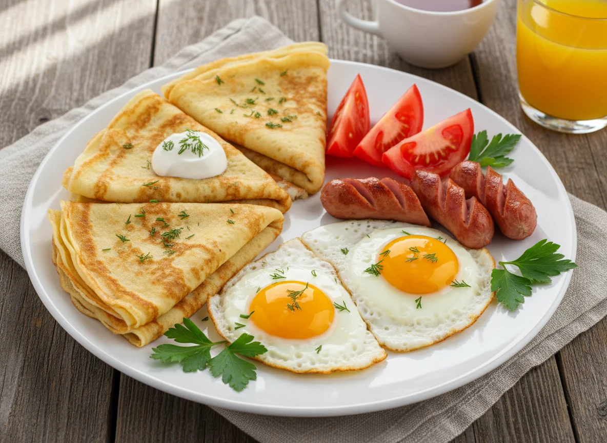 Завтрак с блинами и яичницей photo