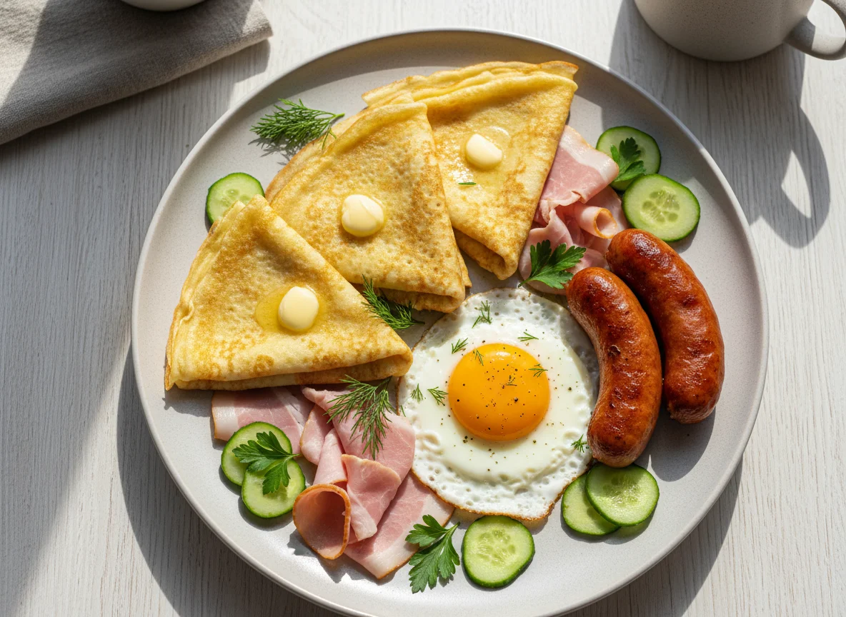 Завтрак с блинами и сосисками photo