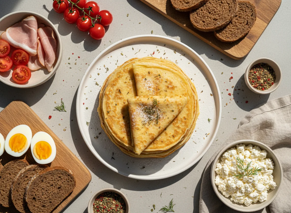 Завтрак с блинами и закусками photo