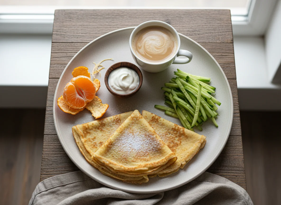 Завтрак с блинами, огурцами и мандарином photo