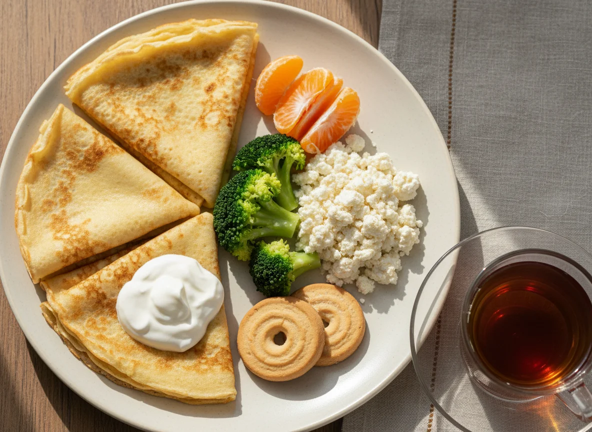 Завтрак с блинами, творогом и брокколи photo